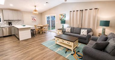 Open floor kitchen, dining area and living room 