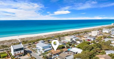 You're just a short stroll from the Gulf. This aerial shows exactly how close Salt & Sway sits to white-sand beach access, with turquoise water visible from your own backyard.