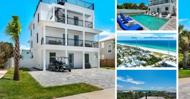 Vista-1 Just listed! brand new (2023 build) designer 8 bedroom ocean view home with a massive 4th floor ocean view rooftop deck, private pool, free golf cart and elevator. Sleeps 19 (not including sofas). Only 351 feet to Destin&rsquo;s famous beach!