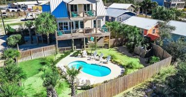 aerial view of home and pool
