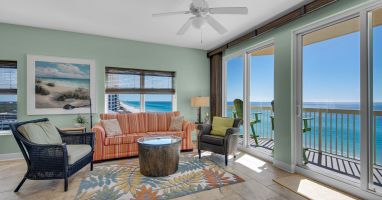Living room - 2 sliding doors onto balcony 2 side windows view the coastline.