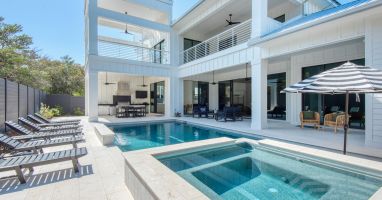 16x35 ft Pool with LED lights,  water feature, 7x7 spa and tanning shelf