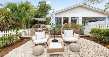 Patio with chairs and umbrella. Perfect for a book or morning tea!