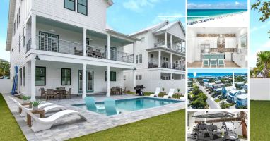 Windsong-1 Just listed! brand new (2023 build) designer 8 bedroom beach home with seasonally heated pool and slash deck. Sleeps 19 (not including sofas). Includes free golf cart, 2 paddleboards. Less than 528 feet to Destin&rsquo;s beaches!
