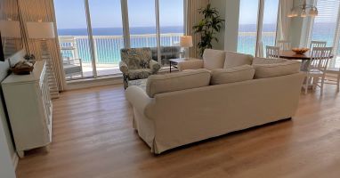 Comfy slip covered sectional, upholstered ottoman &amp; 75 inch Ultra 4K Roku TV
