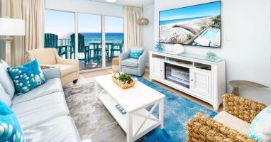 Living Room with Sleeper Sofa and 70" TV - Gulf Dunes 408 Fort Walton Beach Okaloosa Island Vacation Rentals