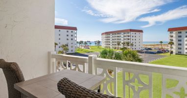 Balcony overlooking the gulf from a distance.