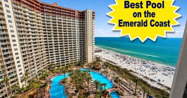 Lagoon-style resort pool and Gulf-front beach views at Shores of Panama in Panama City Beach. A guest favorite for relaxing, swimming, and enjoying the Emerald Coast.
