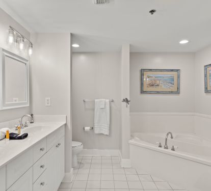 Master bathroom with double sink, tub, and large walk in shower 