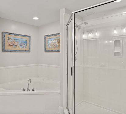 Master bathroom with double sink, tub, and large walk in shower