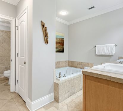luxurious master bath with well maintained jetted tub