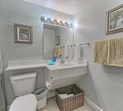 Guest bathroom with tub/shower combo. 