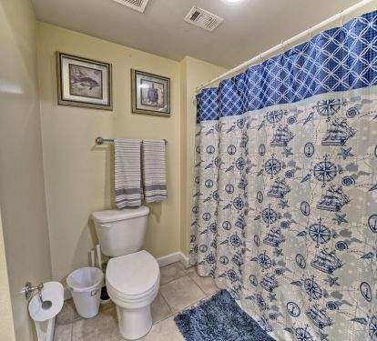 Master bath continues the beachy theme. Tub/shower combo. 