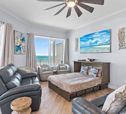 Queen Murphy bed in living room for additional sleeping