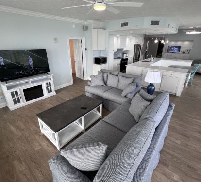 New living room furniture &amp; 65" TV on fireplace overlooking the Gulf