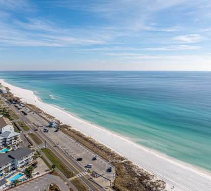 Aerial drone view of the nearby public beach access available to Aqua Reina guests. (Photo Taken January 19th 2026)