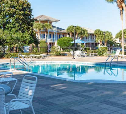 Community pool with lounge chairs and palm-lined deck