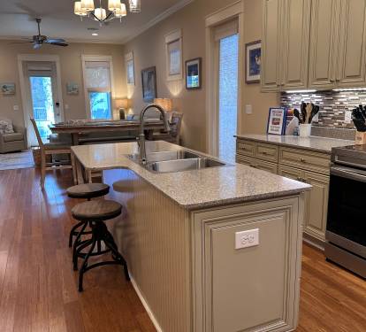 Kitchen Island, looking towards the front of the house, provides seating for 2.