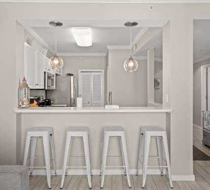 Bar seating set up for casual meals or morning coffee chats.