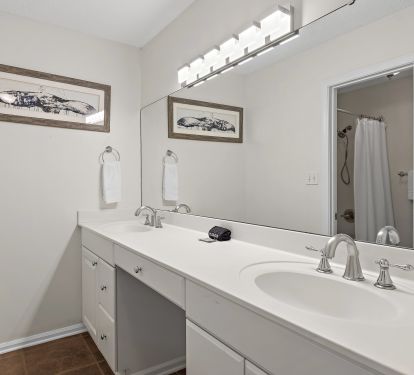 Master bath with twin vanities and separate shower