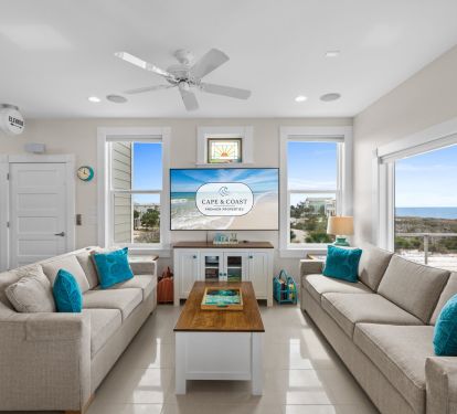 Living room with large led TV and surround sound for movie night