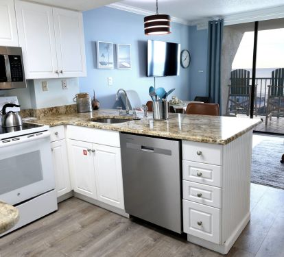 Enjoy our full kitchen! It's great for the budget-minded foodie! And yes, that's the ocean you see. I know right!!!