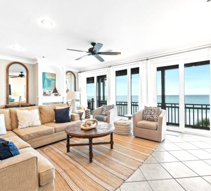Gather in style in this Gulf-front living room with floor-to-ceiling views and upscale furnishings. Perfect for families or groups who want luxury, comfort, and unforgettable sunsets right outside your window.