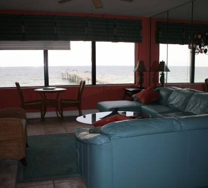 beautiful view of the pier from living area and kitchen