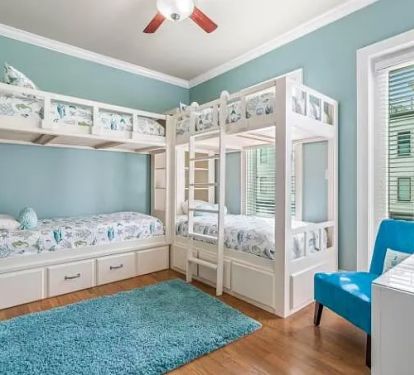 Great bunk room for the kids with 4 twins and their own bathroom.