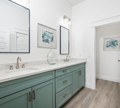 Bedroom 1 Bath. Pic 1. King with attached bath with double quartz vanity and frameless glass shower
