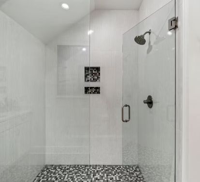 1st Floor Hall Full Bath Pic 3: quartz vanity and frameless glass shower