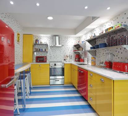Playful Popeye-themed d&eacute;cor throughout the kitchen.