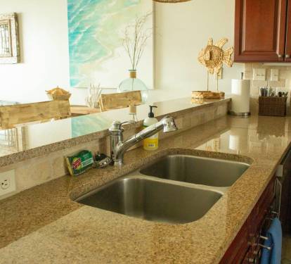 Open kitchen space with kitchen island seating space