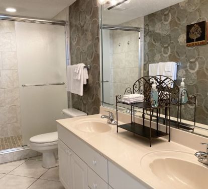 Custom step-in shower and double vanity in the master bathroom