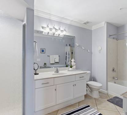 Primary ensuite with walk-in shower and shower/tub combo
