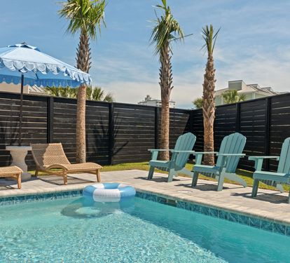 Private pool with sun loungers and umbrellas 