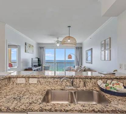 Granite kitchen counter tops with stunning Gulf view and breezy coastal charm