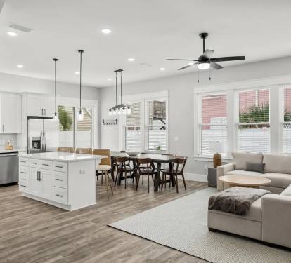 Modern open space kitchen with dining and living room