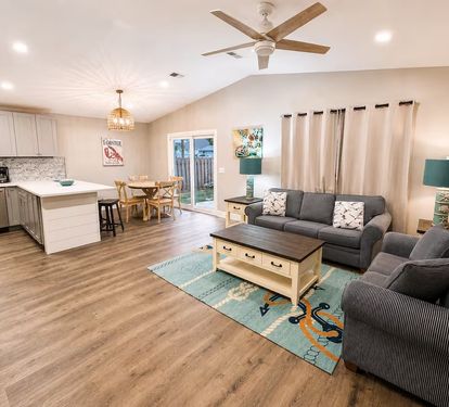 Open floor kitchen, dining area and living room 