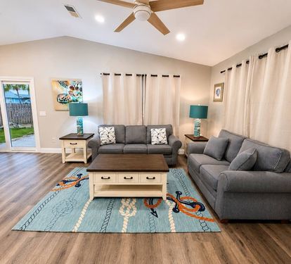 Open floor kitchen, dining area and living room 