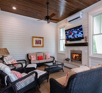 500 Sq ft all season room . Fireplace and 65 inch TV.