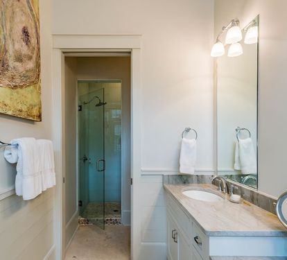Master bath / custom tile and marble, rain head and hand held shower heads &amp; tub
