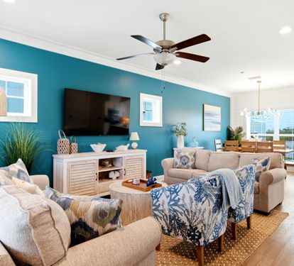 The entire family can settle in for their favorite shows streaming on the Samsung Smart TV with ROKU.  There is plenty of room for everyone with the two large couches and comfortable barrel chairs.
