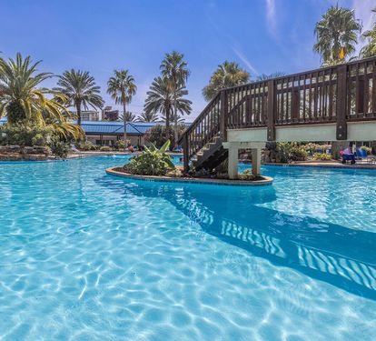 Lagoon-style pool w/ footbridge & palms, creating a true resort escape