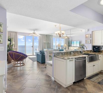 Spacious open floor plan connecting kitchen, dining & living areas seamlessly.