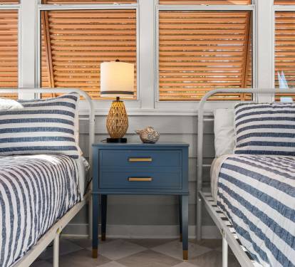 Bright Guest Bedroom with Blackout Rolldown Shades and two Double Beds