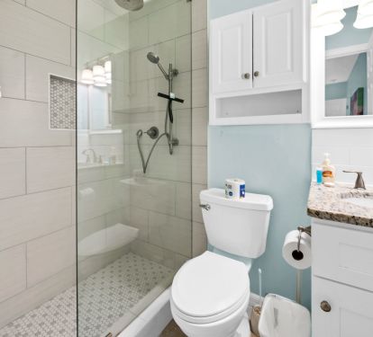 Newly remodeled private master bath with step in shower