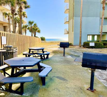 Picnic benches and BBQ area