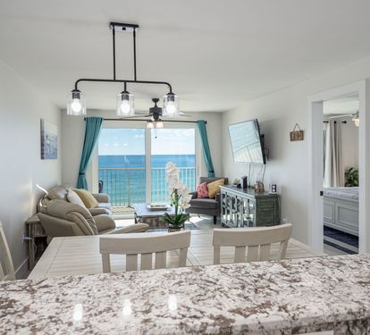"Gather together in this open-concept space where the kitchen meets the dining and living areas, all with stunning Gulf views. ?????? #CoastalLiving #FamilyTimeByTheSea"