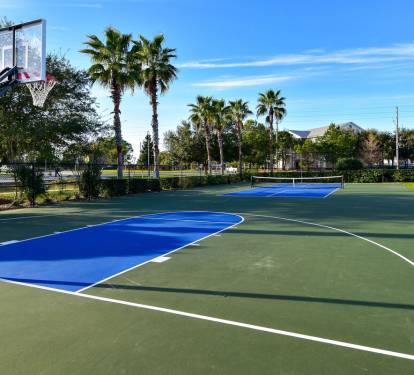 Outdoor basketball court framed by palm trees, perfect for a quick game in the sunshine.